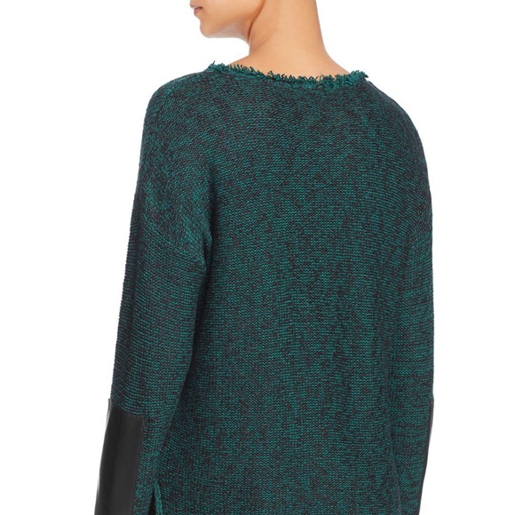 DONNA KARAN Sweater Crew Neck Long Sleeves Fringe Leather Trim NEW L - Picture 2 of 8